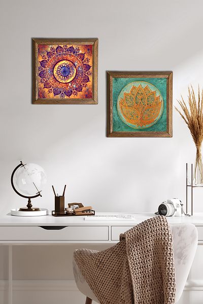 Pinecone Mandala, Floarea Lotus Pictură pe perete din piatră Decor de perete cu rame din lemn Set de pictură 2 piese -W2-539-