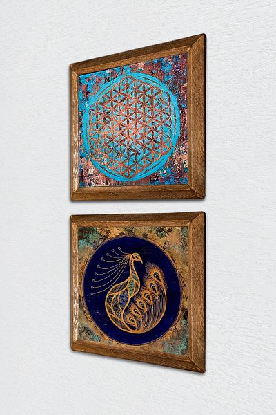Pinecone Flower of Life, Peacock Stone Wall Painting with Wooden Frame Wall Decor 2 Piece Painting Set -W2-524-