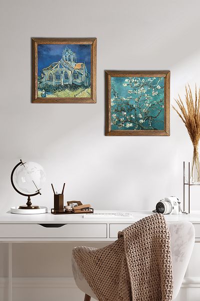 Pinecone Van Gogh Church at Auvers, Almond Tree Stone Wall Painting Wood Framed Wall Decor -W2-376-