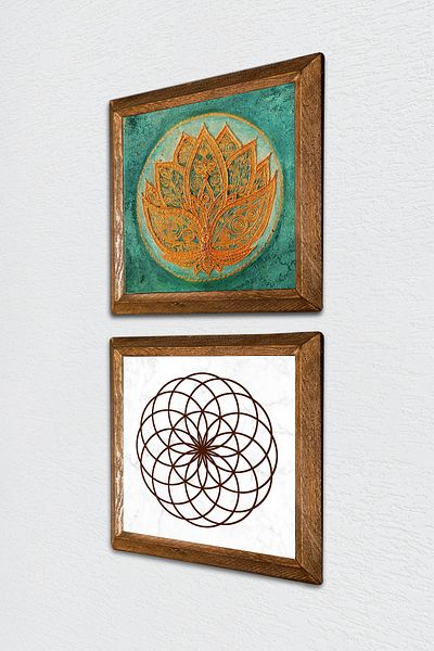 Pinecone Lotus Flower, Flower of Life Stone Wall Painting Wood Framed Wall Decor Set of 2 Painting -W2-488-