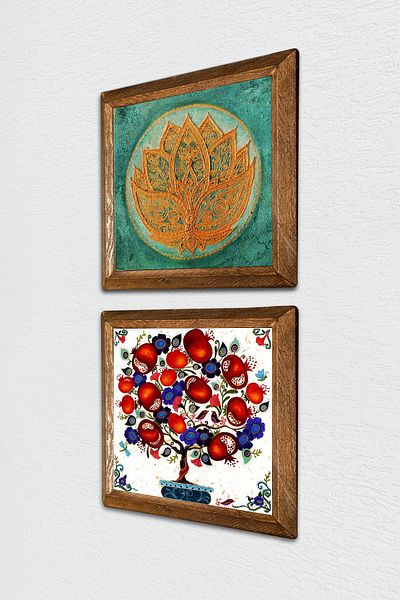Pinecone Lotus Flower, Pomegranate Tree Stone Wall Painting with Wooden Frame Wall Decor 2 Piece Painting Set -W2-173-