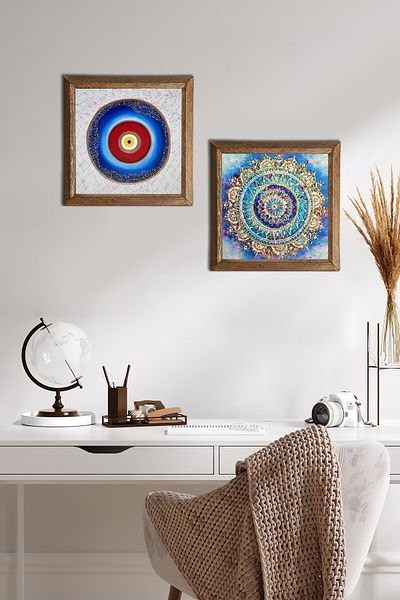 Pinecone Evil Eye, Mandala Stone Pictură de perete cu cadru din lemn Decor de perete Set de pictură din 2 piese Wall Art -W2-579-