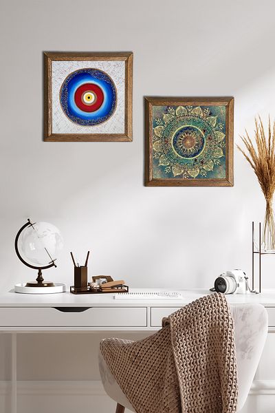 Pinecone Evil Eye, Mandala Stone Wall Painting with Wooden Frame Wall Decor 2 Piece Painting Set Wall Art -W2-588-