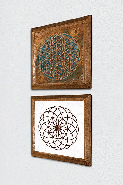 Pinecone Flower of Life Stone Wall Painting Wood Framed Wall Decor 2 Piece Painting Set Wall Art -W2-495-
