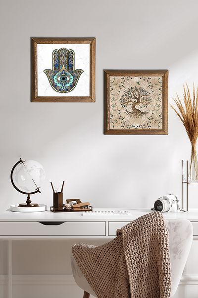 Pinecone Δέντρο της ζωής, Χεράκι της Φατέμας (Χάμσα) Πέτρινη Ζωγραφική Τοίχου με Ξύλινο Πλαίσιο Διακόσμηση Τοίχου 2 Ζωγραφική -W2-03-