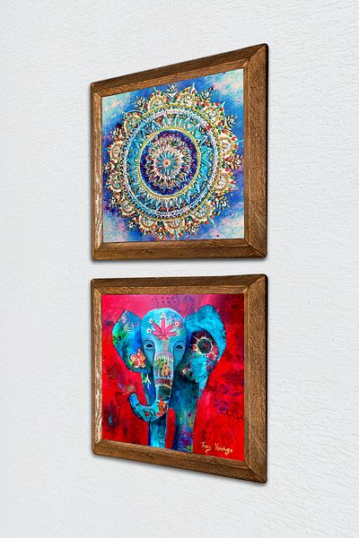 Pinecone Mandala, Elefant Pictură pe perete din piatră Decor de perete cu rame din lemn Set de pictură din 2 piese Artă de perete -W2-573-