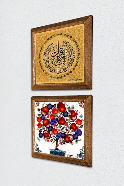 Pinecone Nas Suresi, pictură pe perete din piatră de arbore de rodie, decor de perete cu rame din lemn, set de pictură din 2 piese -W2-189-