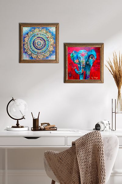 Pinecone Mandala, Elefant Pictură pe perete din piatră Decor de perete cu rame din lemn Set de pictură din 2 piese Artă de perete -W2-573-
