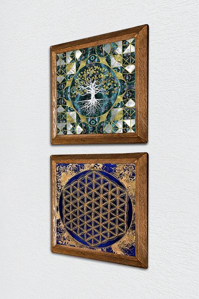 Pinecone Arborele vieții, Floarea vieții Pictură pe perete din piatră Decor de perete cu rame din lemn Set de pictură 2 piese -W2-460-