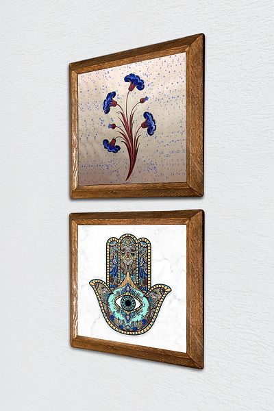 Pinecone Artă marmorată, Fatma Ana Hand (Hamsa) Pictură pe perete din piatră Decor de perete cu rame din lemn Pictură din 2 piese -W2-59-
