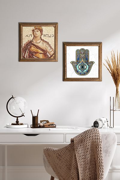 Pinecone Mozaic Soteria, Mâna Maicii Fatma (Hamsa) Pictură pe perete din piatră Decor de perete cu rame din lemn -W2-24-