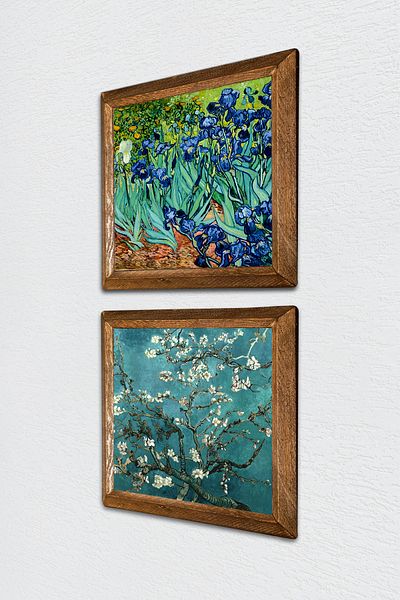 Pinecone Van Gogh Irises, Ζωγραφική σε Πέτρινο Τοίχο Αμυγδαλόξυλο Διακόσμηση τοίχου με ξύλινο πλαίσιο Σετ ζωγραφικής 2 τεμαχίων -W2-371-