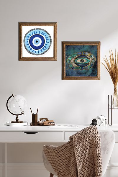 Pinecone Evil Eye Stone Wall Painting Wooden Framed Wall Decor 2 Piece Painting Set Wall Art -W2-571-