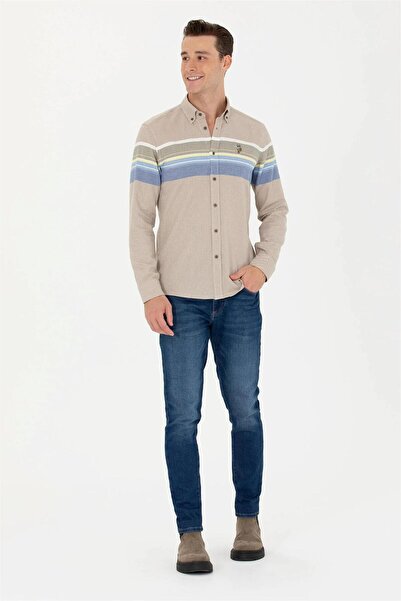 U.S. Polo Assn. Men's Light Khaki Long Sleeve Shirt ELİFSU BUTİKHOME