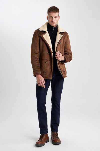 DeFacto Slim Fit Jacket Collar Plush Lining Suede Coat