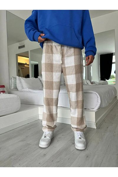 Gofeel Harajuku Street - Cream Plaid, Checked Relax Wide Leg Sweatpants Hs
