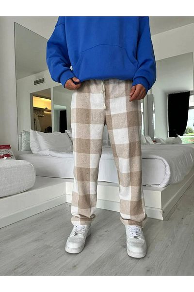 Gofeel Harajuku Street - Cream Plaid, Checked Relax Wide Leg Sweatpants Hs