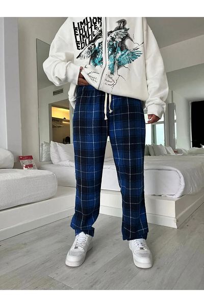 Gofeel Harajuku Street Tech Plaid Blue/Black Relax Loose Sweatpants HS
