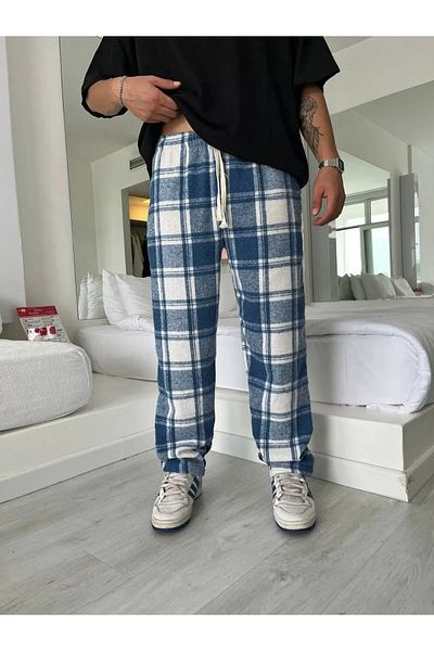 Gofeel Harajuku Plaid Blue Checked Wide Leg Sweatpants Hs