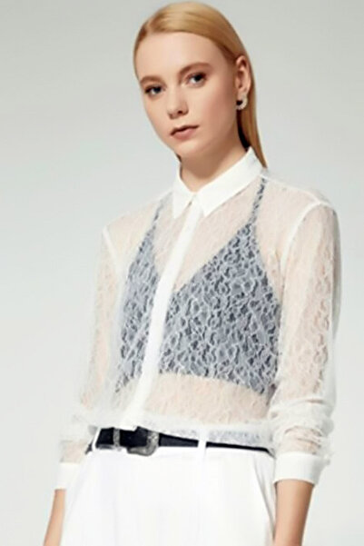 Naliru Kadın Gömlek Şifon Transparan Uzun Kollu Desenli Dantelli Şık Gömlek