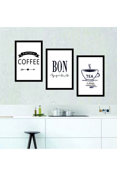 3 Parça Mutfak Coffee Bon Ev Dekorasyon Ahşap Çerçeve Görünümlü Mdf Tablo