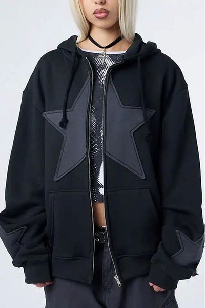 EFBUTİK Μαύρο ροζ χρυσό μανίκι Λεπτομέρεια Star Cardigan