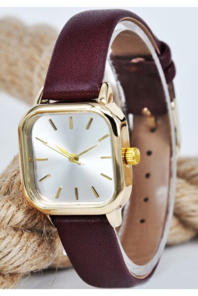sonsuzsaat Bordo Renk Deri Kordonlu Altın Renk Kasa Kadın Kol Saati Su-696