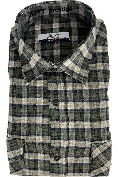 APT PRESTIGE Erkek Yeşil Kareli Kışlık Melanj Kalın Normal Kalıp Çift cepli G...