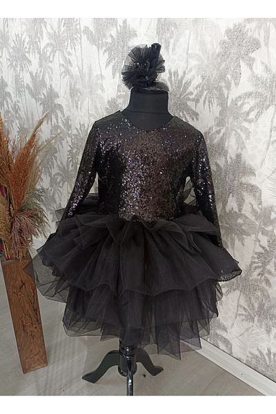 babysmile Rochie tutu neagră cu maneci lungi cu volan