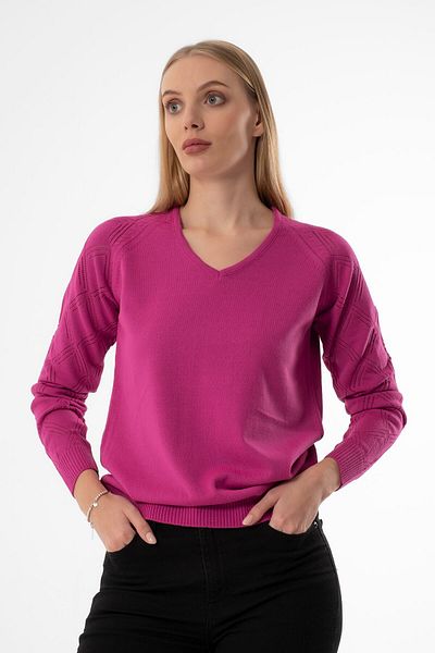 JOVENMADRE Pulover de tricotaj pentru femei, cu decolteu în V, cu mâneci fucsia, cu model, cu croiala normală