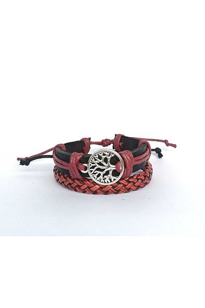 BSN Store Claret Red Black 2-Piece Handmade Leather Bracelet with Tree of Life Figure