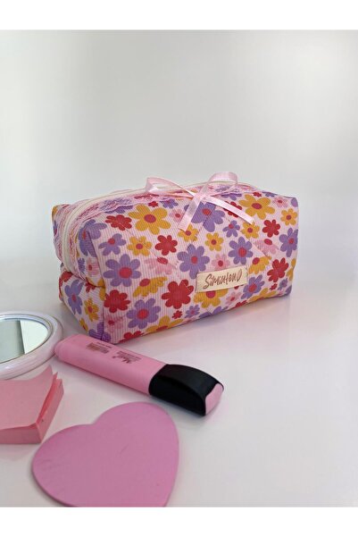 Siminten Büyük Boy Lila Çiçekli Dantelli İçi Astarlı Seyahat Bakım ve Makyaj ...