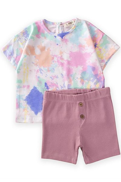 Cigit Oversize Tie Dye T-Shirt Suit with Short Tights 1-8 Years Multi Color