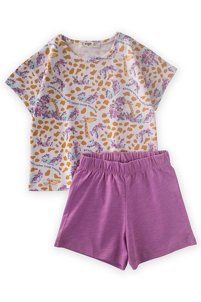 Cigit Giraffe Patterned Shorts Set 2-7 Years Ecru