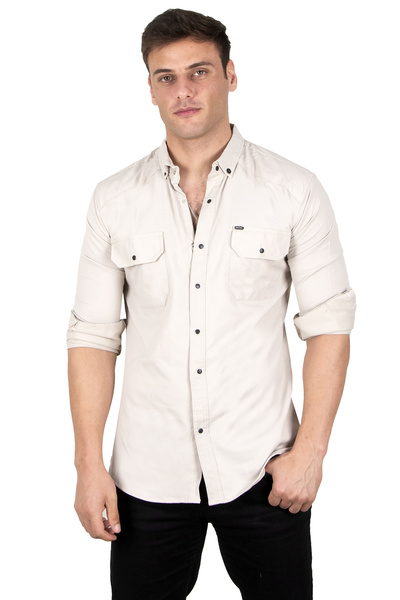 DeepSEA Ανδρικό πουκάμισο διπλής τσέπης σε μπεζ Lycra με λεπτό ραβδωτό κούμπωμα 2300421