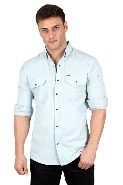 DeepSEA Men's Mint Green Lycra Thin Ribbed Snap Fastener Double Pocket Shirt 2300421