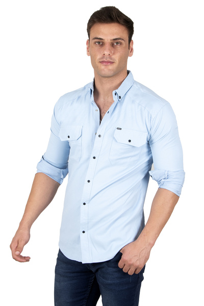 DeepSEA Ανδρικό πουκάμισο Ice Blue Lycra με λεπτές ραβδώσεις με διπλή τσέπη 2300421