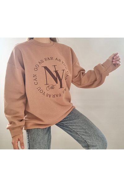 Qu Style Embroidery Patterned, Oversize, Crew Neck Sports Stylish, 3 Thread Raised, Women's Sweatshirt