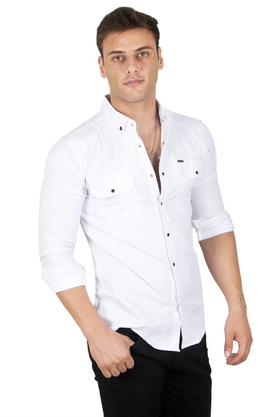 DeepSEA Ανδρικό πουκάμισο με διπλή τσέπη με λεπτό ριμπ λευκό Lycra 2300421
