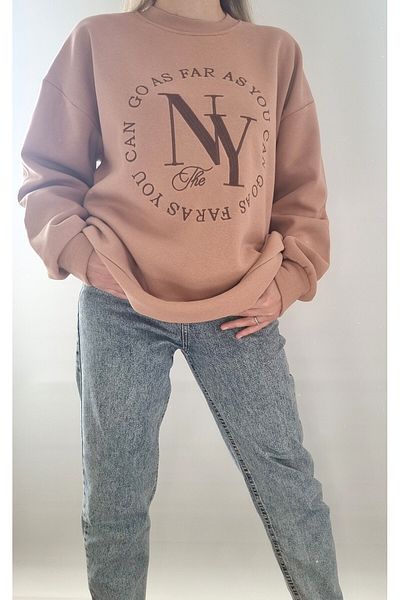 Qu Style Embroidery Patterned, Oversize, Crew Neck Sports Stylish, 3 Thread Raised, Women's Sweatshirt