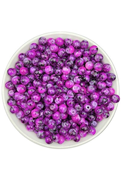 Hedef Bijuteri فوشيا منقوش 50 جرام 8 مم - خرز لؤلؤ زجاجي ملون رخامي أسود، صناعة المجوهرات، خرز هواية (~ 70 قطعة)