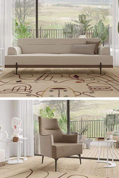MOBETTO Linen 3+1 Salon&oturma Odası Koltuk Takımı - Krem&Kahve