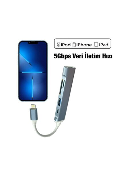 Polhammobile Polham Ipad, Iphone Lightning Girişli 5in1 Çoğaltıcı Hub, 2x Usb, 1x Type C, 1x Sd, 1x Tf Okuyucu