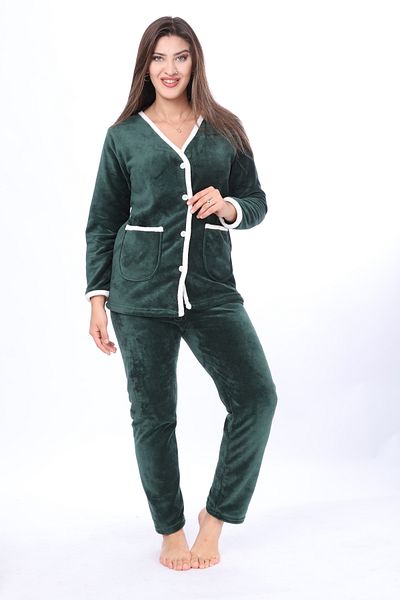 mervemoda Γυναικείο σετ πιτζάμες από μαλακό ύφασμα Emerald Green υψηλής ποιότητας μπροστά με τσέπες με κουμπιά