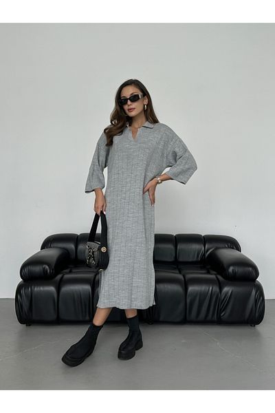 Elif Özbey Butik Πλεκτό φόρεμα γκρι γιακά πόλο