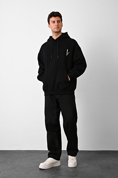 Dembu Elif Tasarım Kapüşonlu Siyah 3 İplik Şardonlu Sweat 24'