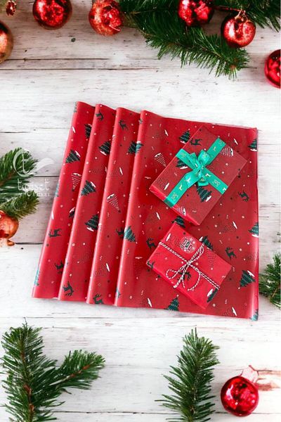 t tuğset etiket Christmas Pine Deer Patterned Pelur Paper, Red New Year Gift Package, Pelur Paper, New Year Packages