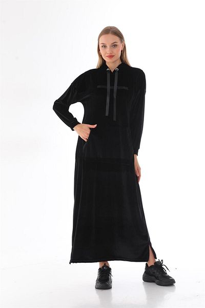WestBound Rochie lungă pentru femei din catifea cu buzunar cangur cu imprimeu cu piatră neagră| Rochie Sport lunga Hijab| Rochie casual