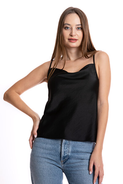 ONE8 Ayarlanabilir İnce Askılı Yakası Drapeli Saten Bluz