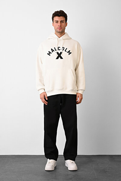 Dembu Malcolm X Tasarım Kapüşonlu Beyaz 3 İplik Şardonlu Sweat 24'